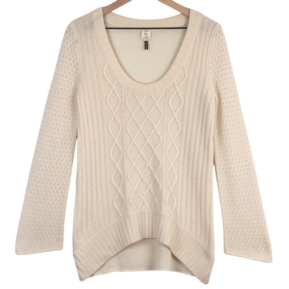 Qi 100% Cashmere Cable Knit Sweater Sz S Cream Scoop Neck Curved Hem Luxury L/S